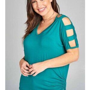 Women's Emerald Green Cold Shoulder Top With Side Scrunched Detail